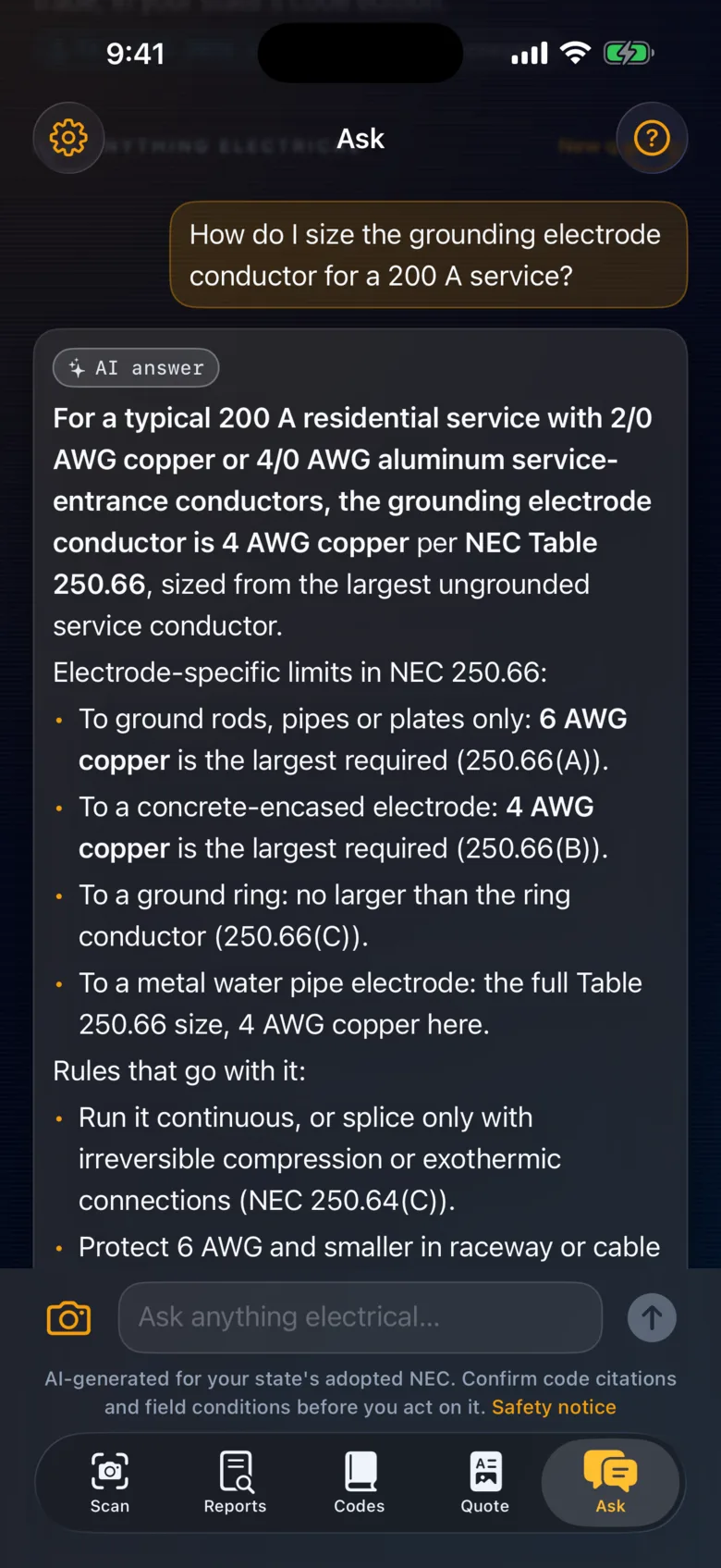 The Ask tab: the question How do I size the grounding electrode conductor for a 200 A service? and an AI answer giving 4 AWG copper per NEC Table 250.66, followed by electrode-specific limits.