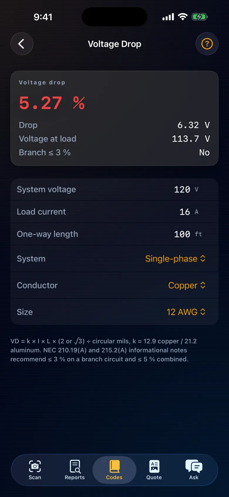 The Voltage Drop calculator: 5.27 % drop, 6.32 V, 113.7 V at the load and branch within 3 %: No, for 120 V, 16 A, 100 ft one way, single-phase copper 12 AWG.