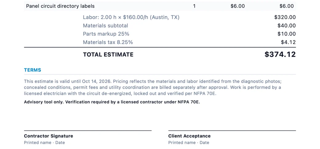 Page 3 of the estimate: a line item, labor 2.00 h at $160.00 per hour, materials, markup and tax, a total estimate of $374.12, the terms and the advisory line, and signature lines for the contractor and the client.