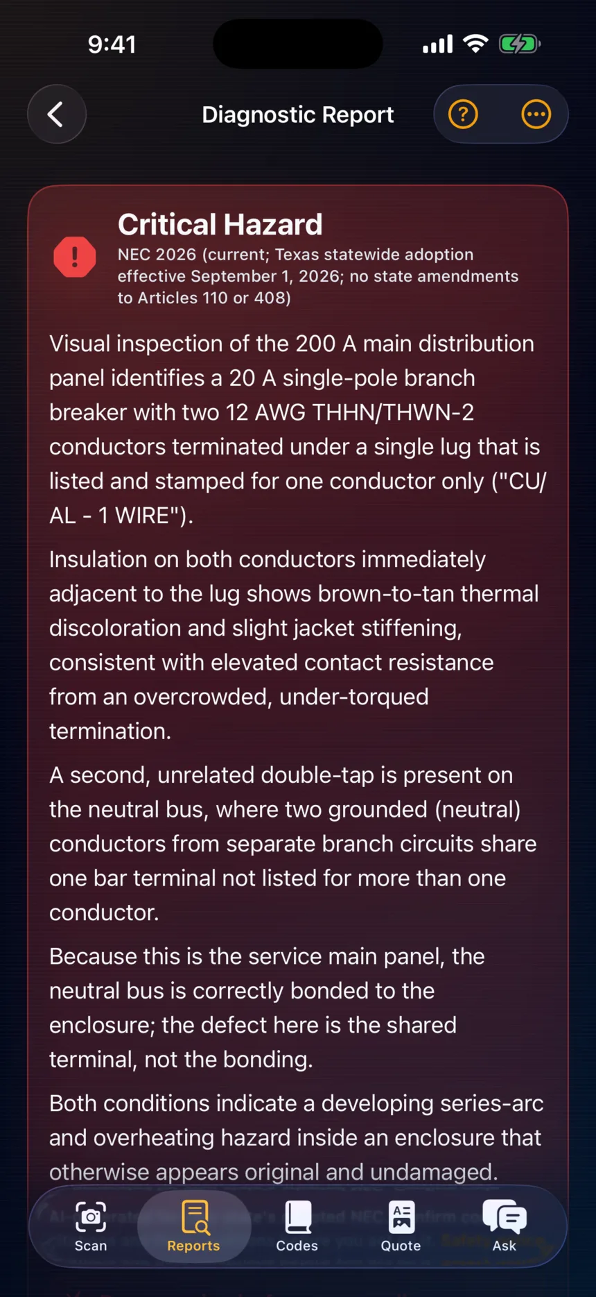 Electrician Helper Pro's Diagnostic Report opening with a Critical Hazard banner that cites NEC 2026 (current) for Texas, above the finding: two 12 AWG conductors under a breaker lug listed for one.