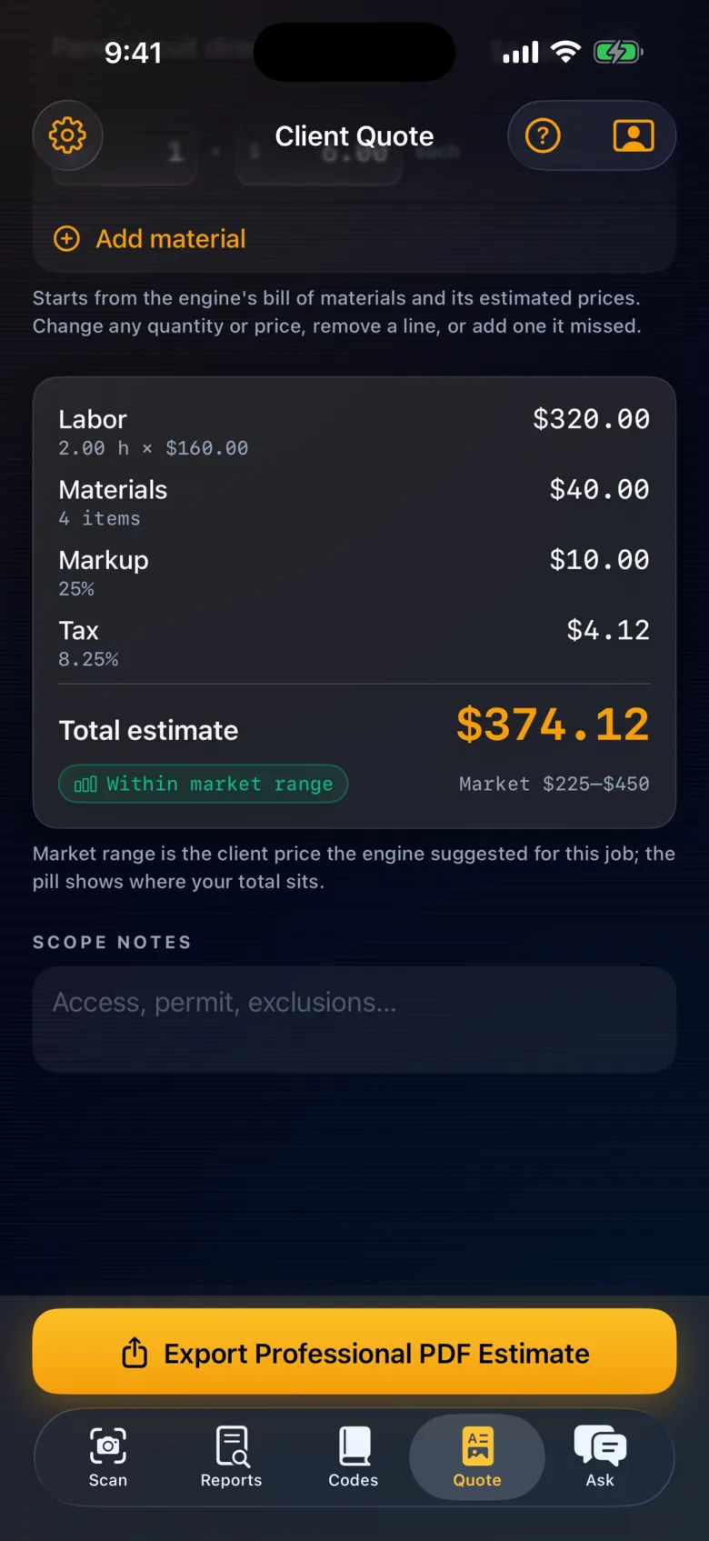 The Client Quote screen: labor 2.00 h at $160.00 for $320.00, materials $40.00, markup $10.00 and tax $4.12, above the Export Professional PDF Estimate button.