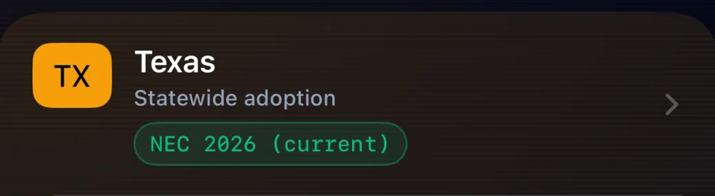 The Codes tab with Texas pinned: statewide adoption, NEC 2026 (current).